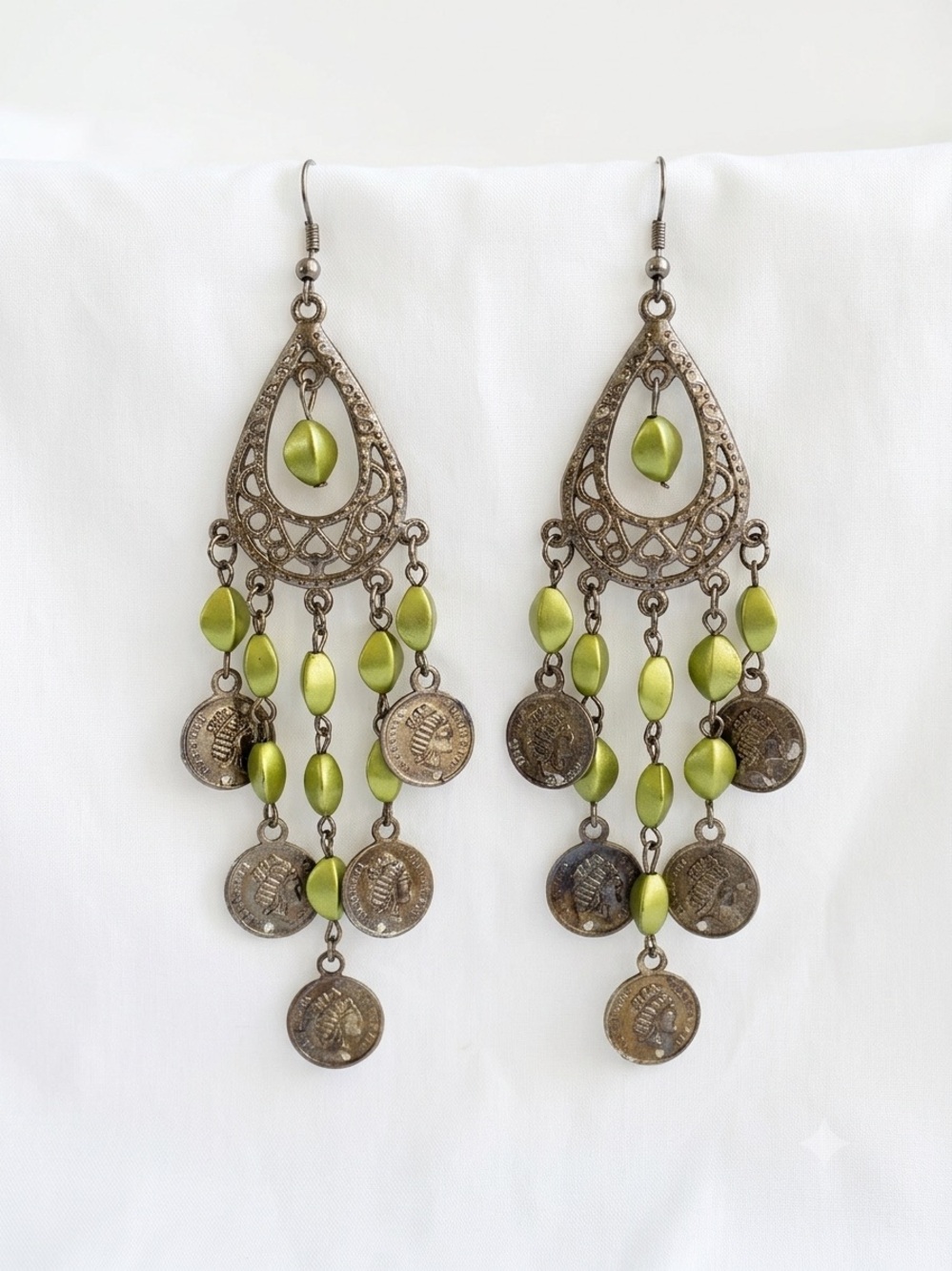Vintage-Inspired Green Bead & Coin Chandelier Earrings